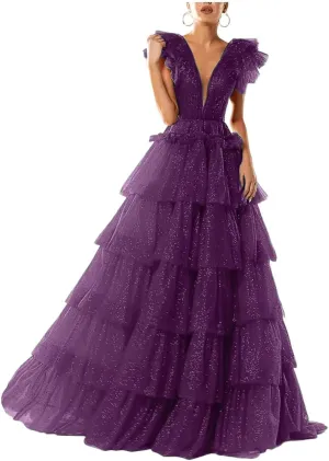 Women's Tulle Prom Dresses V Neck Ruffled Formal Evening Party Gowns Long Backless Ball Gowns A-Line