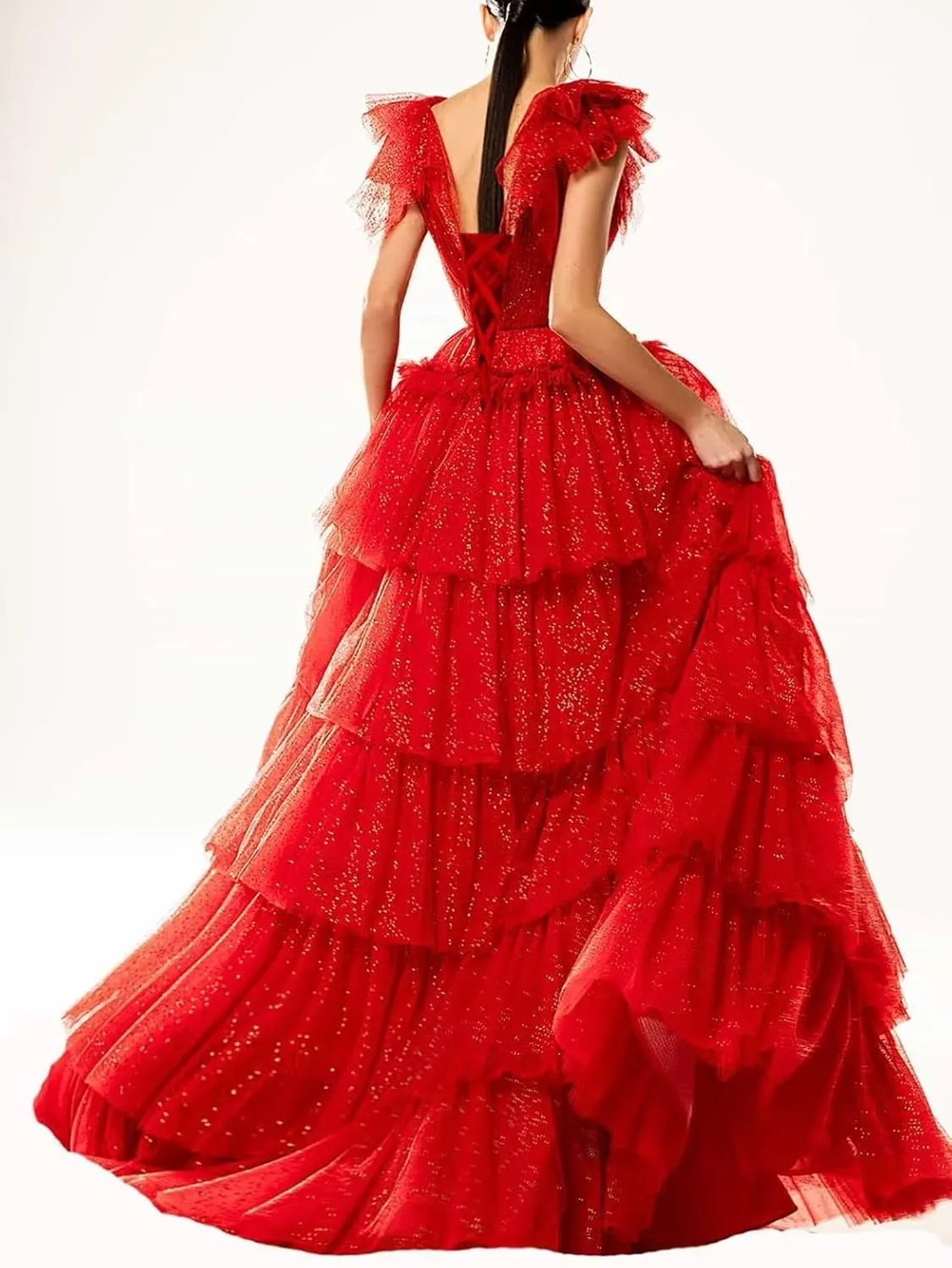 Women's Tulle Prom Dresses V Neck Ruffled Formal Evening Party Gowns Long Backless Ball Gowns A-Line
