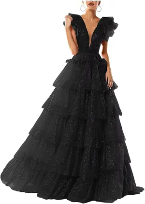 Women's Tulle Prom Dresses V Neck Ruffled Formal Evening Party Gowns Long Backless Ball Gowns A-Line