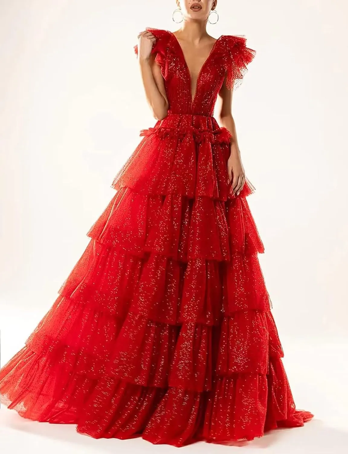 Women's Tulle Prom Dresses V Neck Ruffled Formal Evening Party Gowns Long Backless Ball Gowns A-Line