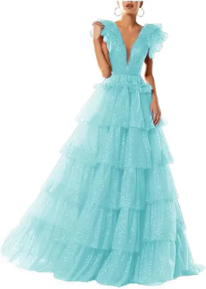 Women's Tulle Prom Dresses V Neck Ruffled Formal Evening Party Gowns Long Backless Ball Gowns A-Line