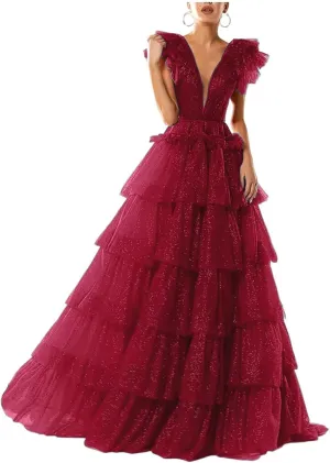 Women's Tulle Prom Dresses V Neck Ruffled Formal Evening Party Gowns Long Backless Ball Gowns A-Line