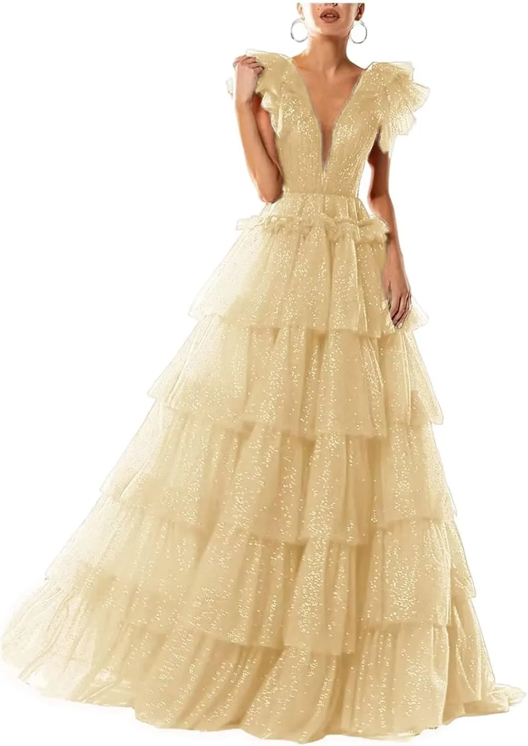 Women's Tulle Prom Dresses V Neck Ruffled Formal Evening Party Gowns Long Backless Ball Gowns A-Line
