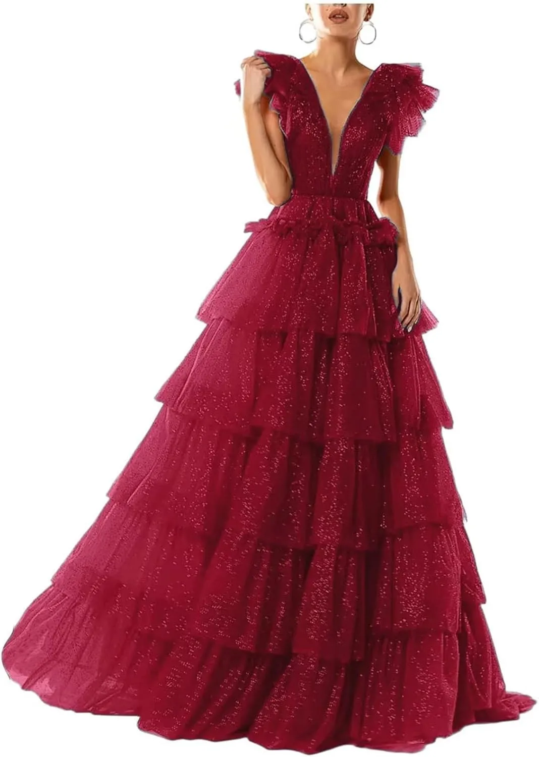 Women's Tulle Prom Dresses V Neck Ruffled Formal Evening Party Gowns Long Backless Ball Gowns A-Line