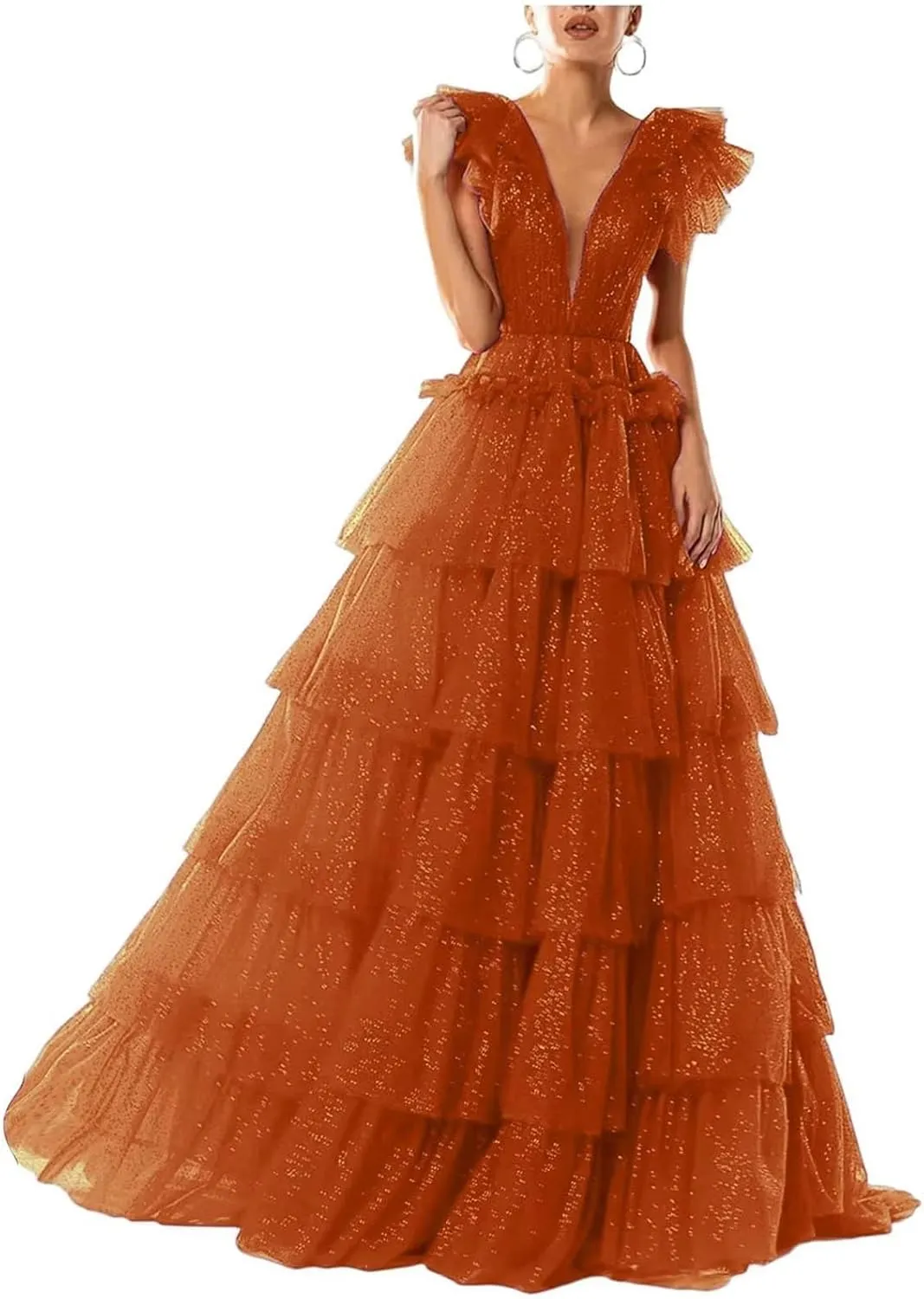 Women's Tulle Prom Dresses V Neck Ruffled Formal Evening Party Gowns Long Backless Ball Gowns A-Line