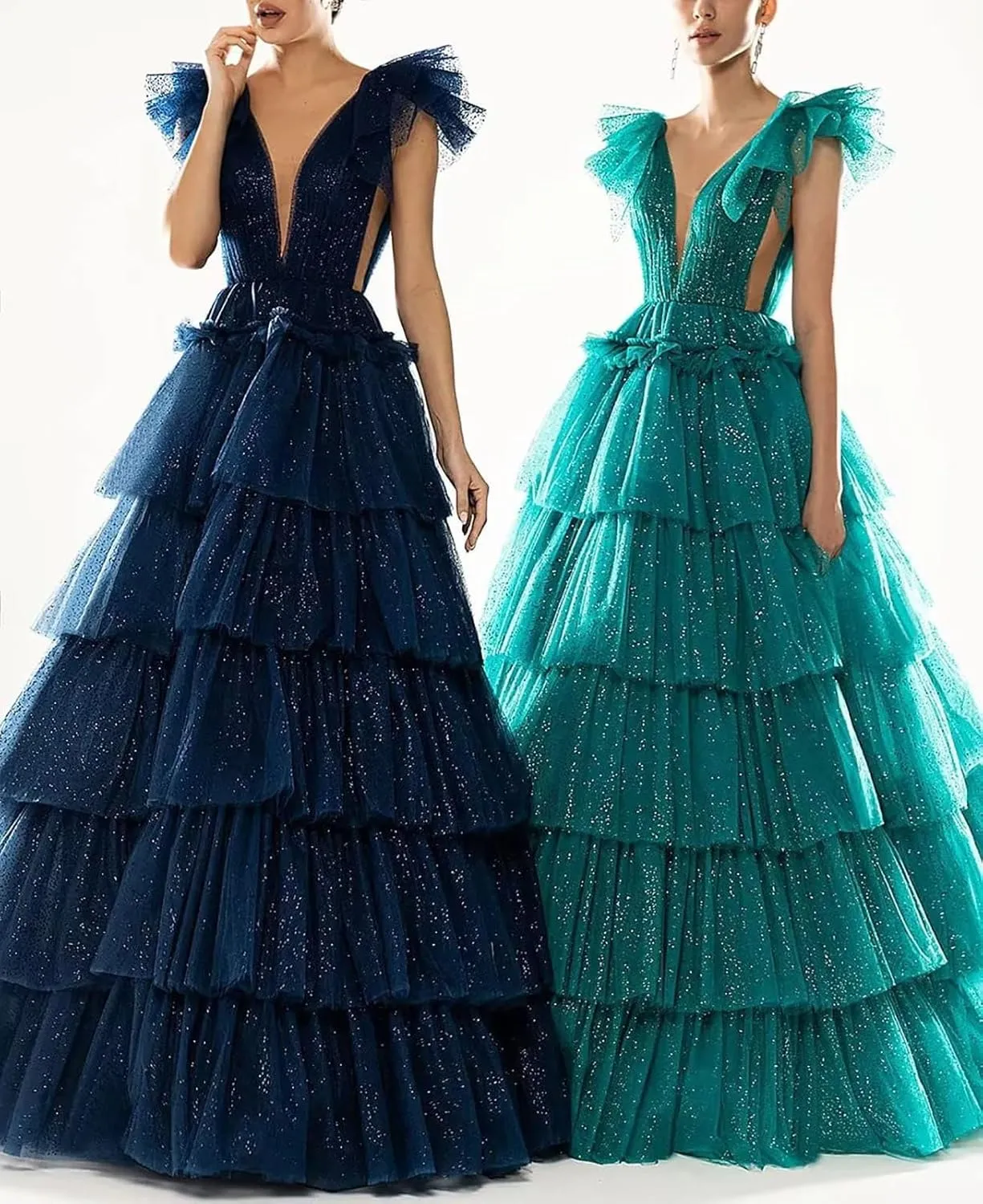 Women's Tulle Prom Dresses V Neck Ruffled Formal Evening Party Gowns Long Backless Ball Gowns A-Line