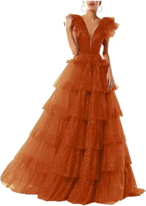 Women's Tulle Prom Dresses V Neck Ruffled Formal Evening Party Gowns Long Backless Ball Gowns A-Line