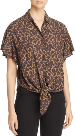 Womens Zulu Tie Front Animal Print Top Brown XS