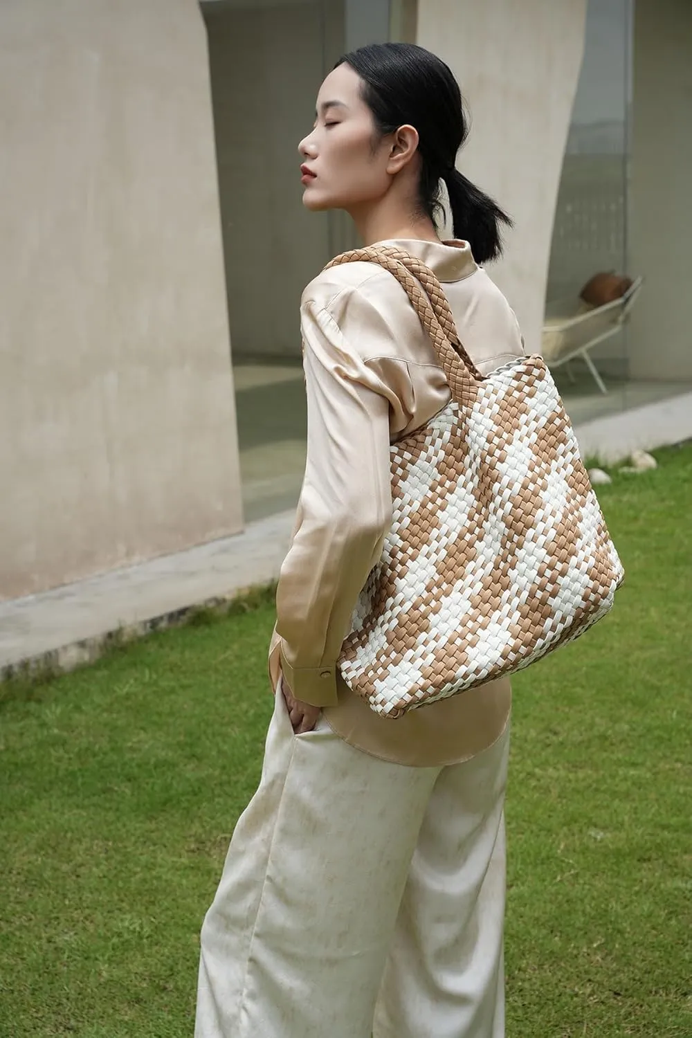 Woven Leather Handbag - Large Tote Bag for Women - Fashion Vegan Leather Tote