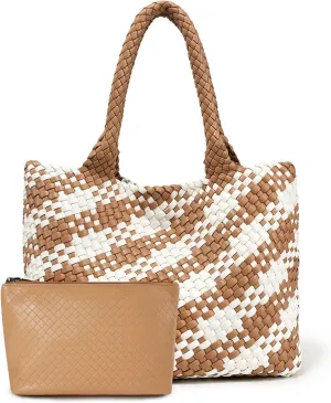 Woven Leather Handbag - Large Tote Bag for Women - Fashion Vegan Leather Tote
