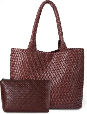 Woven Leather Handbag - Large Tote Bag for Women - Fashion Vegan Leather Tote