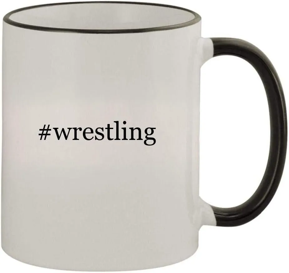 #wrestling - 11oz Colored Handle and Rim Coffee Mug, Black