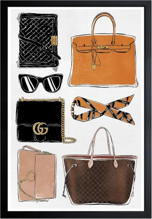 Wynwood Studio Fashion and Glam Framed Wall Art Prints 'My Purse Collection' Home Décor, 13" x 19", Orange, Brown