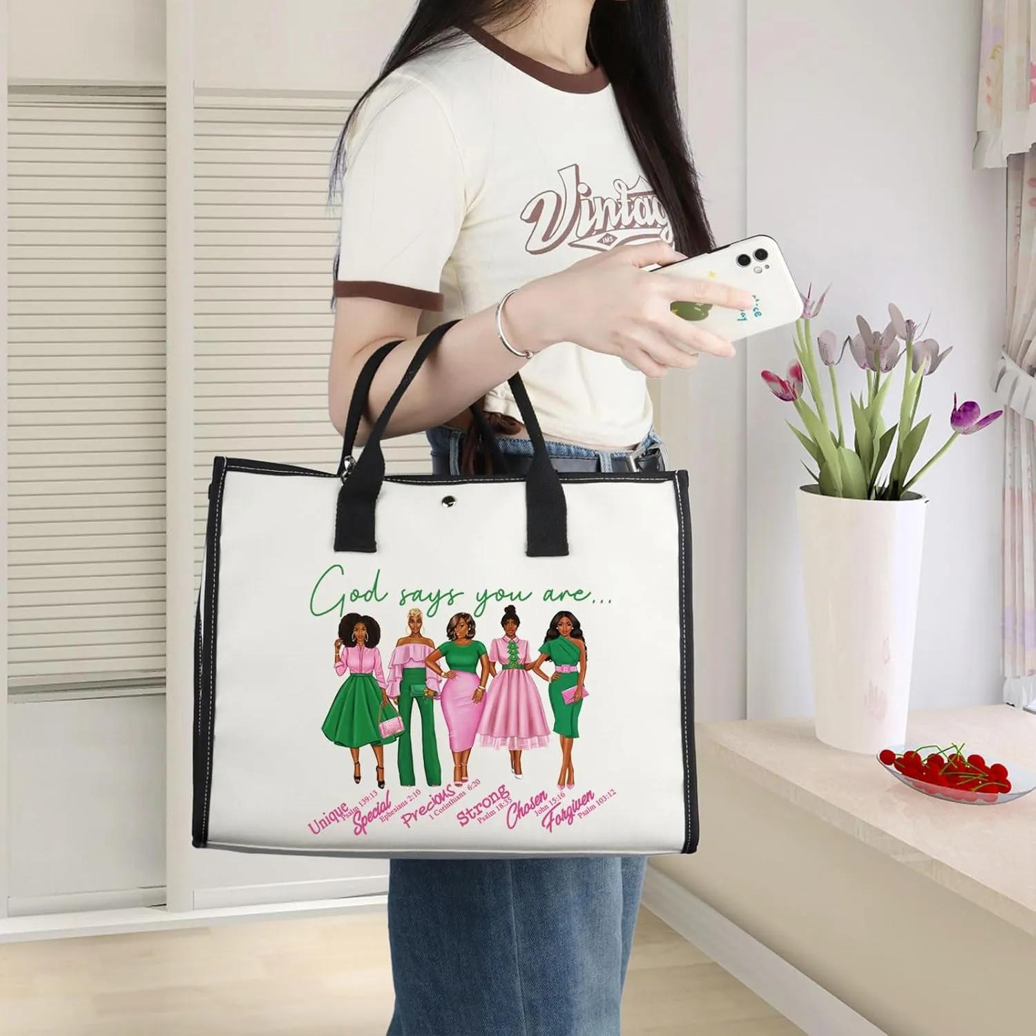 WZMPA Sorority Sisters Cosmetic Makeup Bag - Pink and Green Gift - God Says You Are - Zipper Pouch Greek Paraphernalia (God Says AK -TB)
