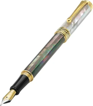 Xezo Maestro Fountain Pen, Medium Nib. Iridescent Oceanic Origin Tahitian Black and White Mother of Pearl. 18 Karat Gold Plated Fittings. Handcrafted, No Two Pens Alike