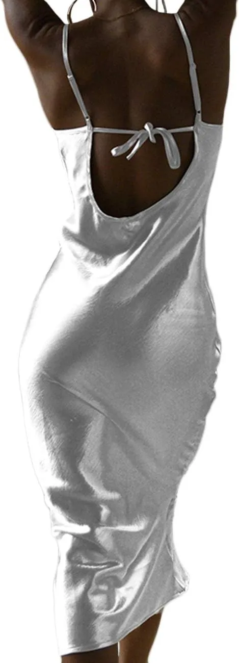 xxxiticat Women's Sleeveless Spaghetti Strap Satin Dress Cocktail Beach Evening Party Cowl Neck Back Tie Up Maxi Dresses