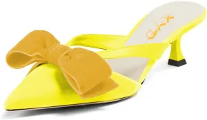 XYD Women Bowknot Closed Pointed Toe Mule Sandals Mid Kitten Heel Slip On Slide Slippers Evening Party Shoes