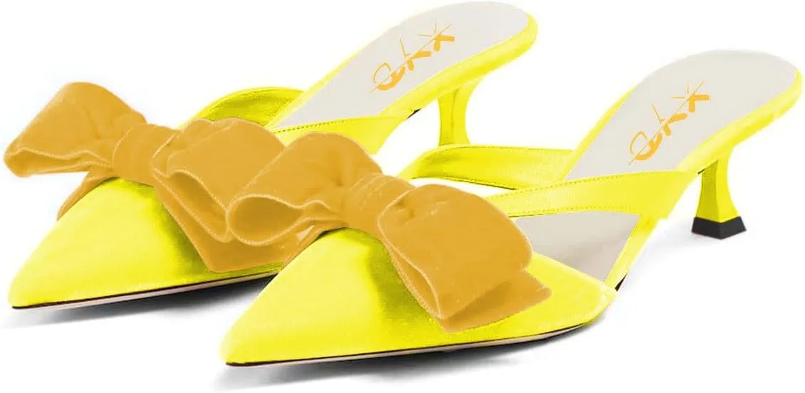 XYD Women Bowknot Closed Pointed Toe Mule Sandals Mid Kitten Heel Slip On Slide Slippers Evening Party Shoes