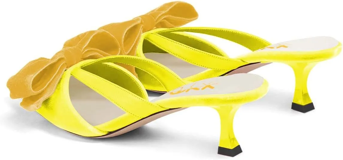 XYD Women Bowknot Closed Pointed Toe Mule Sandals Mid Kitten Heel Slip On Slide Slippers Evening Party Shoes