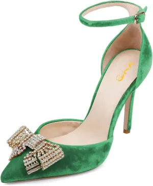 XYD Women Pointed Toe Velvet Pumps with Sparkling Rhinestone Bowknot Stiletto Heels Ankle Strap D'Orsay Wedding Event Shoes