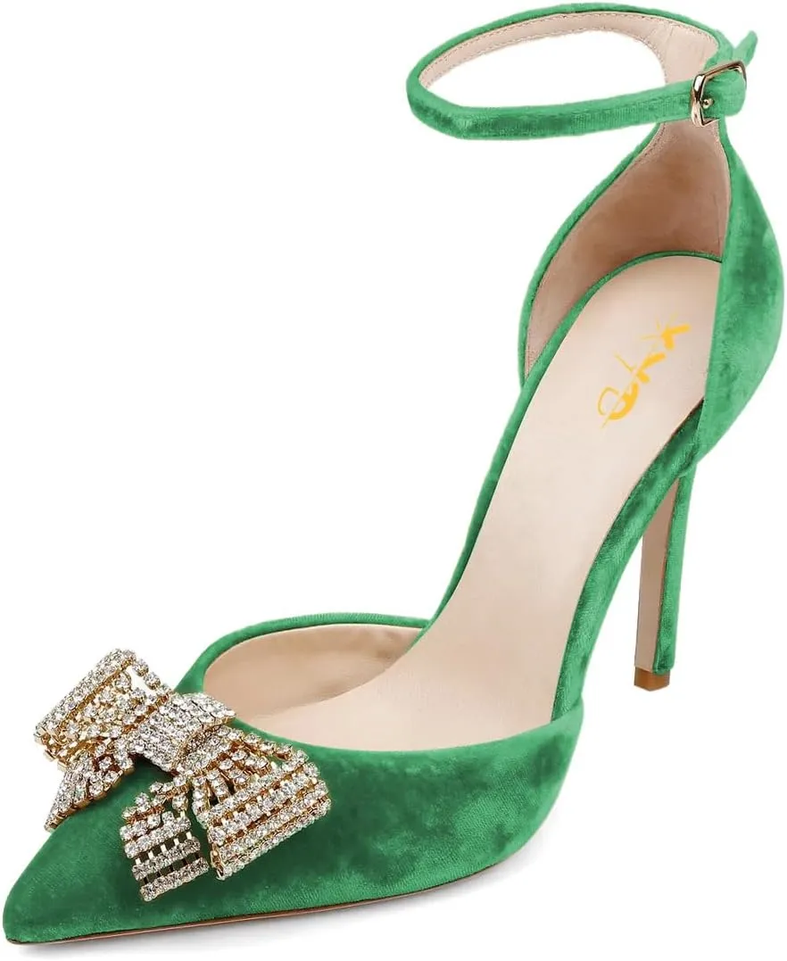 XYD Women Pointed Toe Velvet Pumps with Sparkling Rhinestone Bowknot Stiletto Heels Ankle Strap D'Orsay Wedding Event Shoes