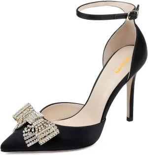 XYD Women Pointed Toe Velvet Pumps with Sparkling Rhinestone Bowknot Stiletto Heels Ankle Strap D'Orsay Wedding Event Shoes