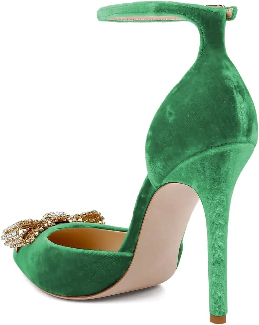 XYD Women Pointed Toe Velvet Pumps with Sparkling Rhinestone Bowknot Stiletto Heels Ankle Strap D'Orsay Wedding Event Shoes