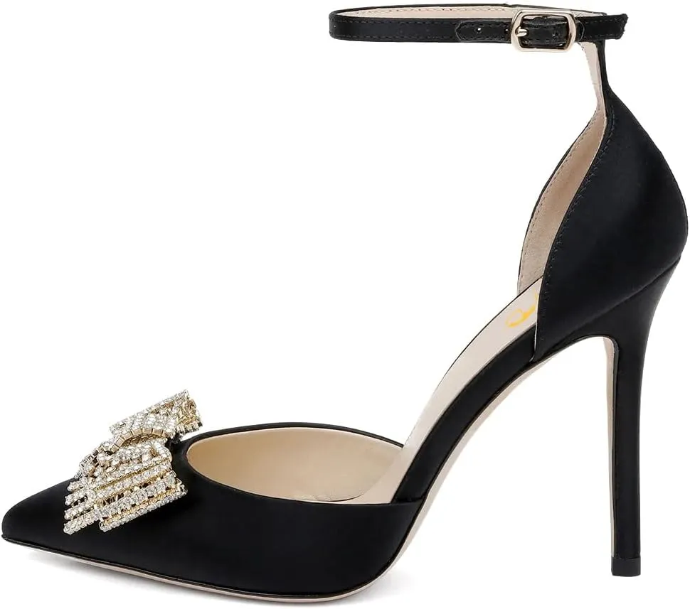 XYD Women Pointed Toe Velvet Pumps with Sparkling Rhinestone Bowknot Stiletto Heels Ankle Strap D'Orsay Wedding Event Shoes
