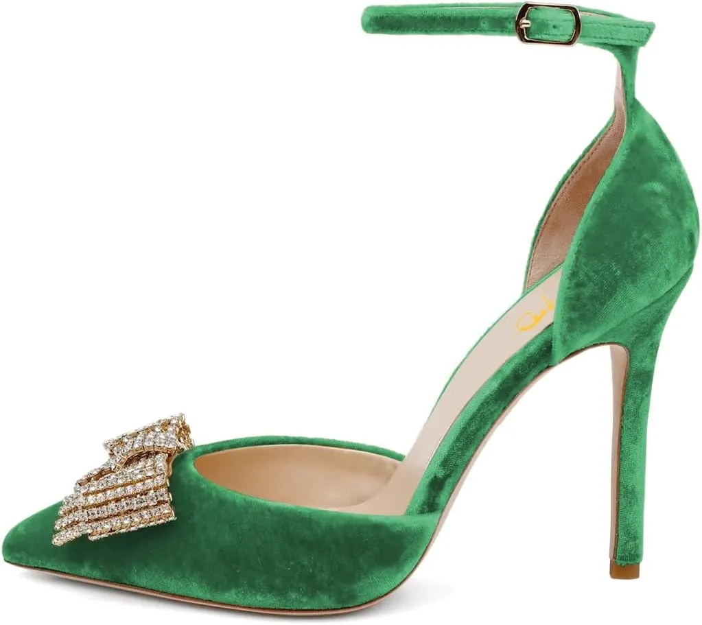 XYD Women Pointed Toe Velvet Pumps with Sparkling Rhinestone Bowknot Stiletto Heels Ankle Strap D'Orsay Wedding Event Shoes