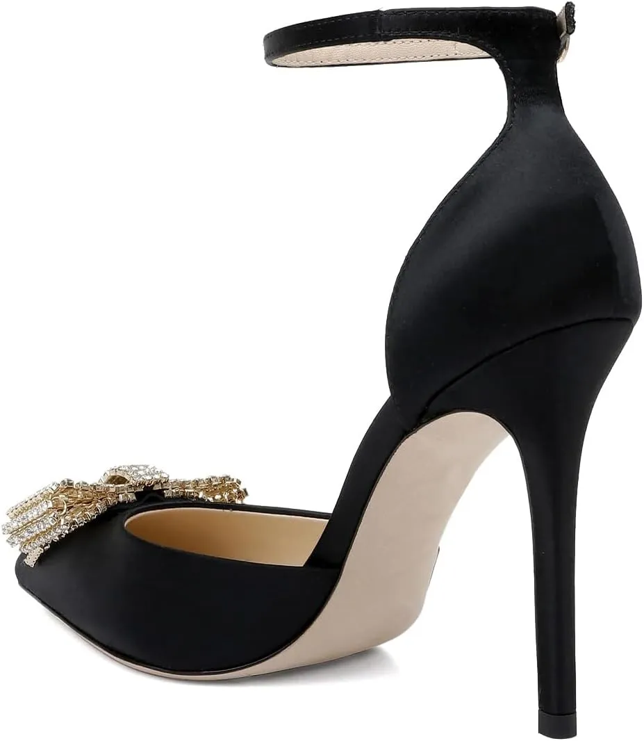 XYD Women Pointed Toe Velvet Pumps with Sparkling Rhinestone Bowknot Stiletto Heels Ankle Strap D'Orsay Wedding Event Shoes
