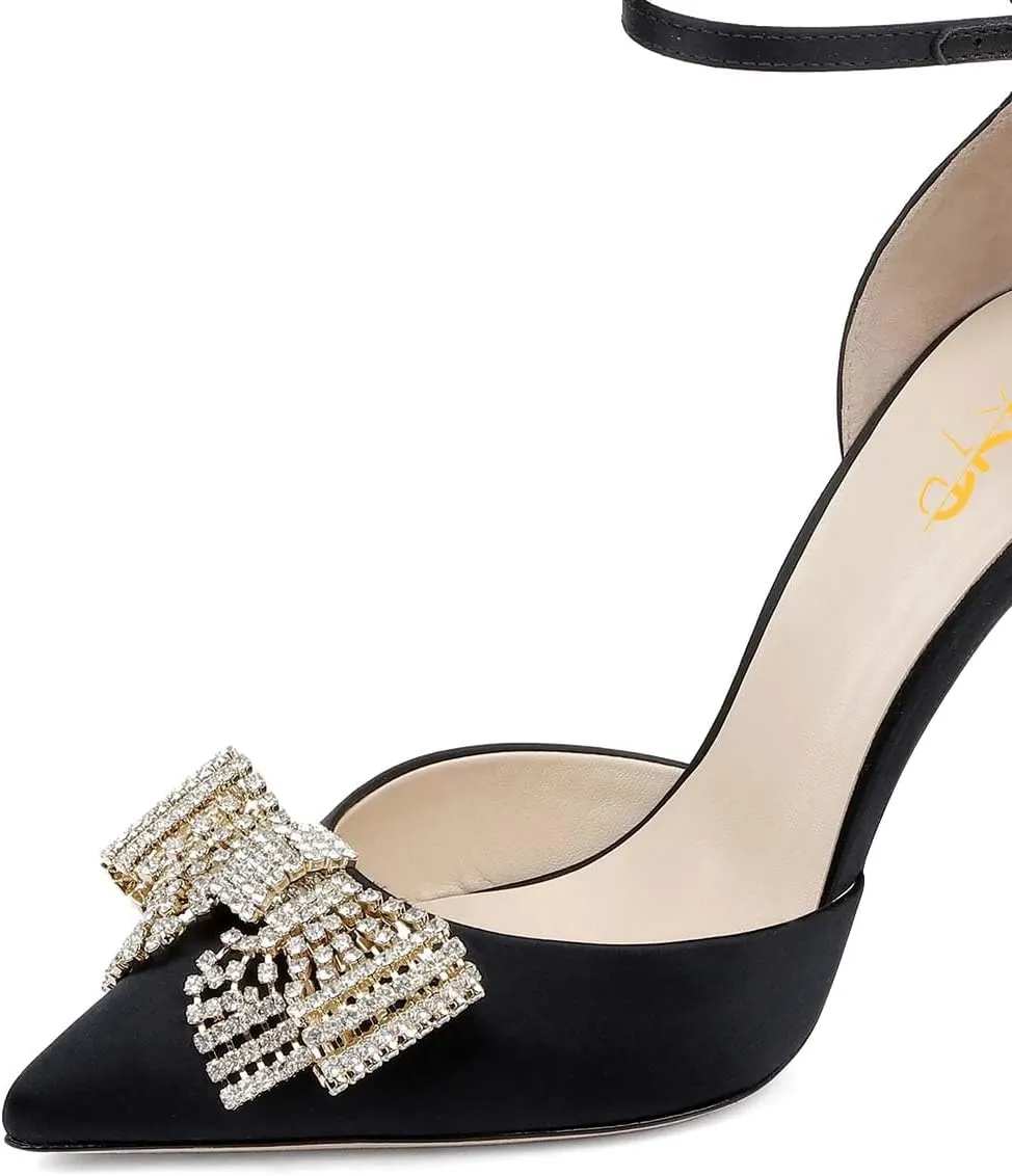 XYD Women Pointed Toe Velvet Pumps with Sparkling Rhinestone Bowknot Stiletto Heels Ankle Strap D'Orsay Wedding Event Shoes