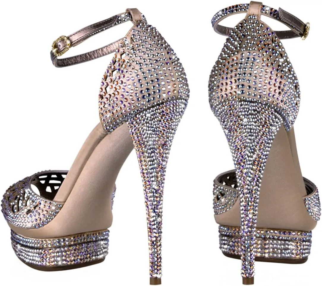 XYD Women Sparkling Bejeweled Platform Evening Heels Peep Toe Stiletto Sandals Ankle Strap Crystal Party Pumps Shoes