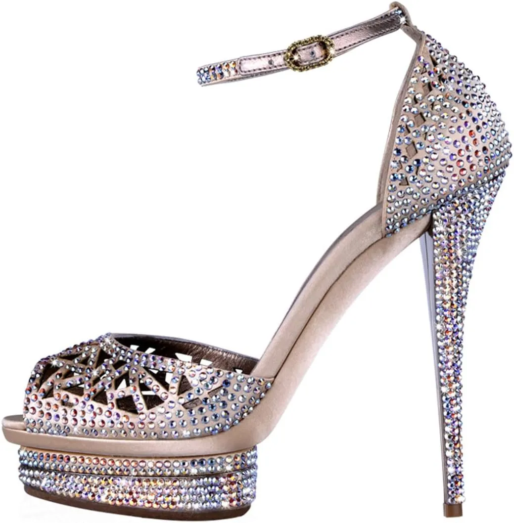 XYD Women Sparkling Bejeweled Platform Evening Heels Peep Toe Stiletto Sandals Ankle Strap Crystal Party Pumps Shoes