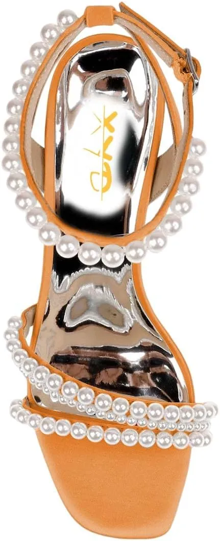 XYD Women's Pearl Kitten Heel Open Toe Sandals Silk Satin Rhinestone Dress Prom Wedding Shoes
