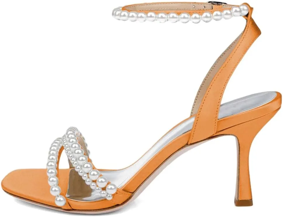 XYD Women's Pearl Kitten Heel Open Toe Sandals Silk Satin Rhinestone Dress Prom Wedding Shoes