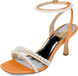 XYD Women's Pearl Kitten Heel Open Toe Sandals Silk Satin Rhinestone Dress Prom Wedding Shoes