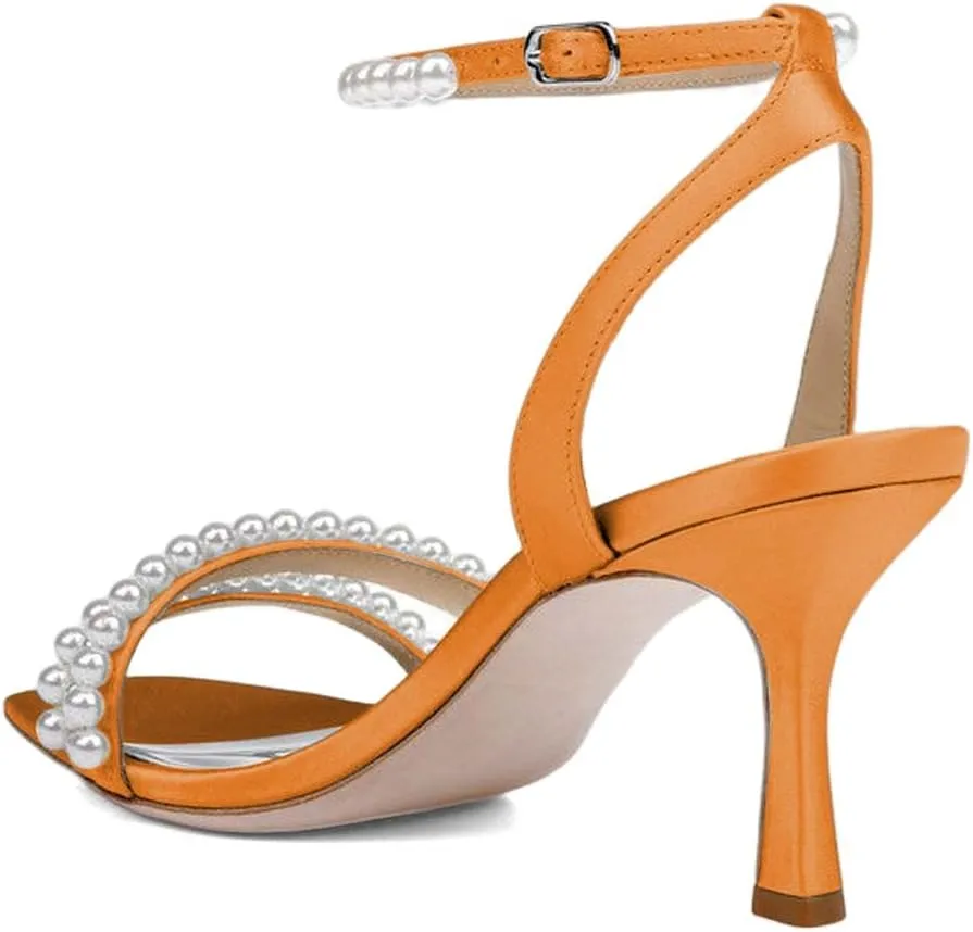 XYD Women's Pearl Kitten Heel Open Toe Sandals Silk Satin Rhinestone Dress Prom Wedding Shoes