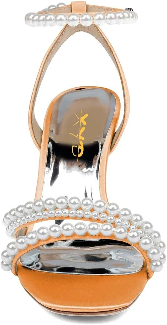 XYD Women's Pearl Kitten Heel Open Toe Sandals Silk Satin Rhinestone Dress Prom Wedding Shoes