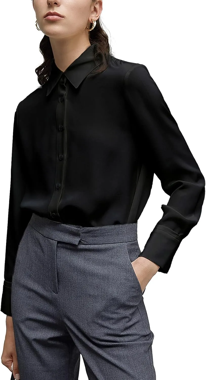 YAMANMAN Women's Button Down Shirt Classic Long Sleeve Collared Tops Work Office Chiffon Blouse