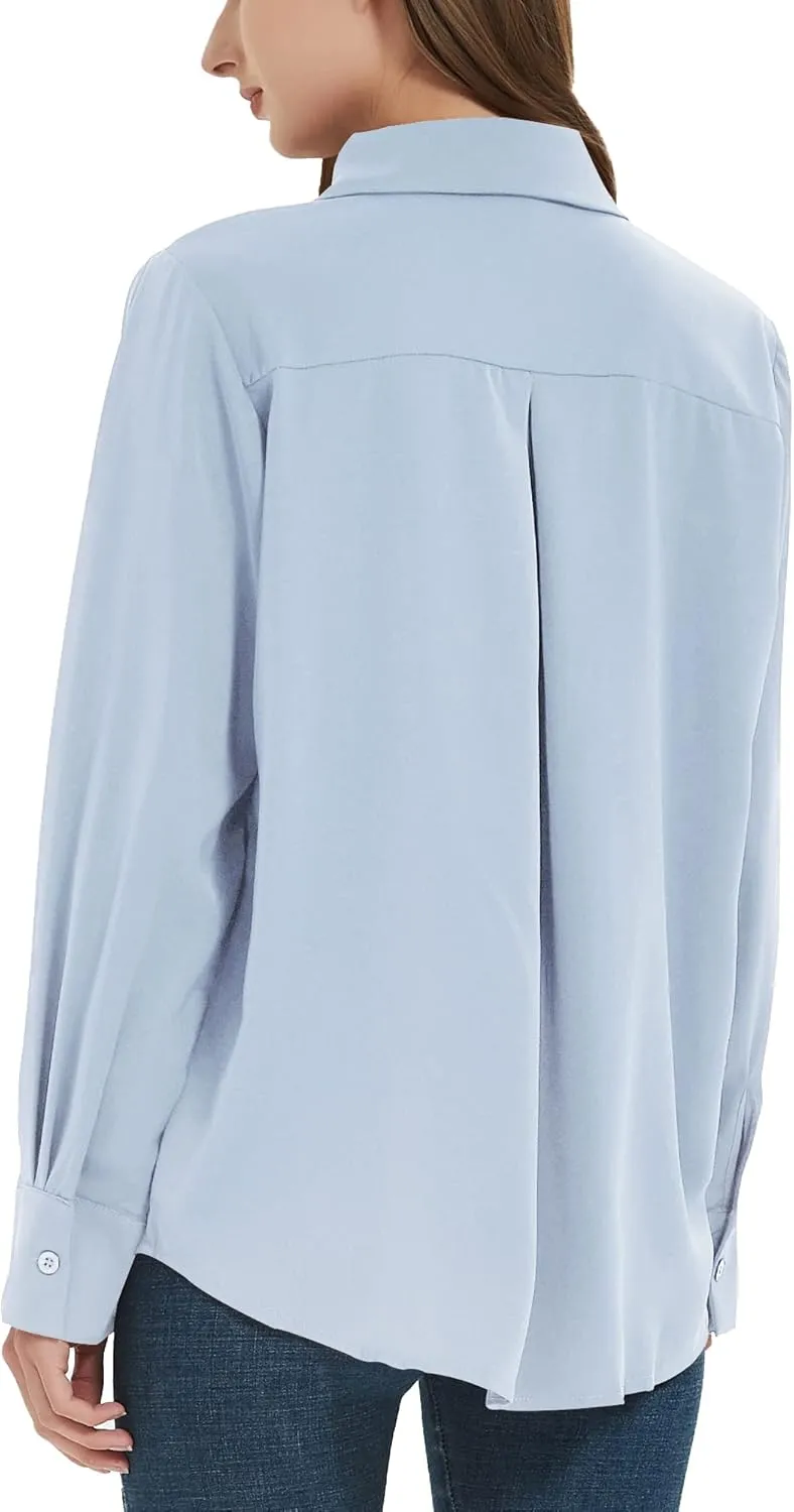 YAMANMAN Women's Button Down Shirt Classic Long Sleeve Collared Tops Work Office Chiffon Blouse