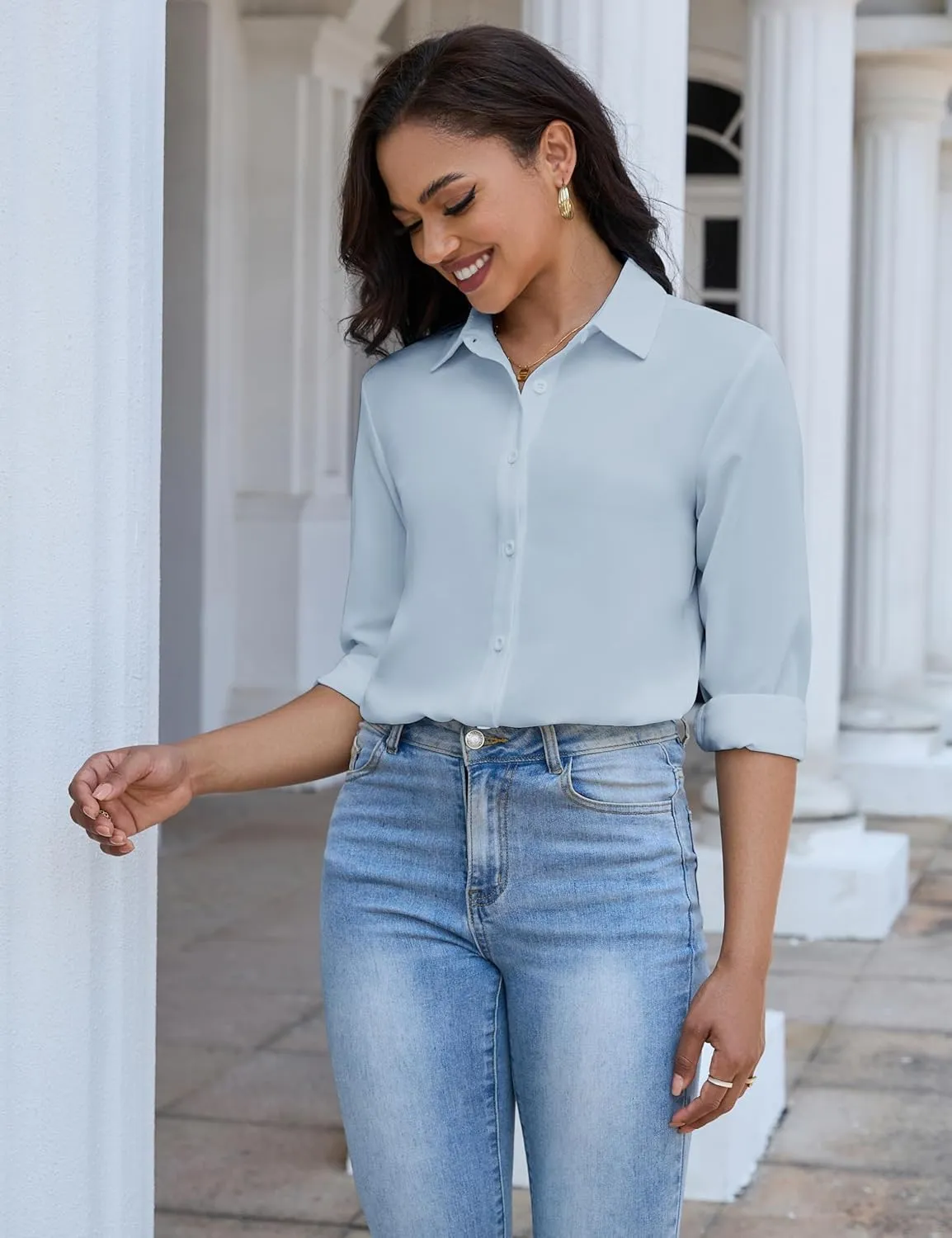YAMANMAN Women's Button Down Shirt Classic Long Sleeve Collared Tops Work Office Chiffon Blouse