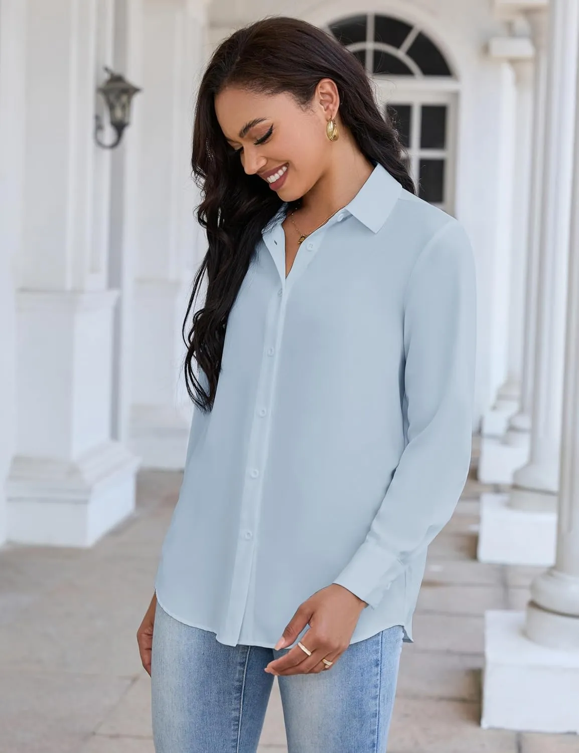YAMANMAN Women's Button Down Shirt Classic Long Sleeve Collared Tops Work Office Chiffon Blouse