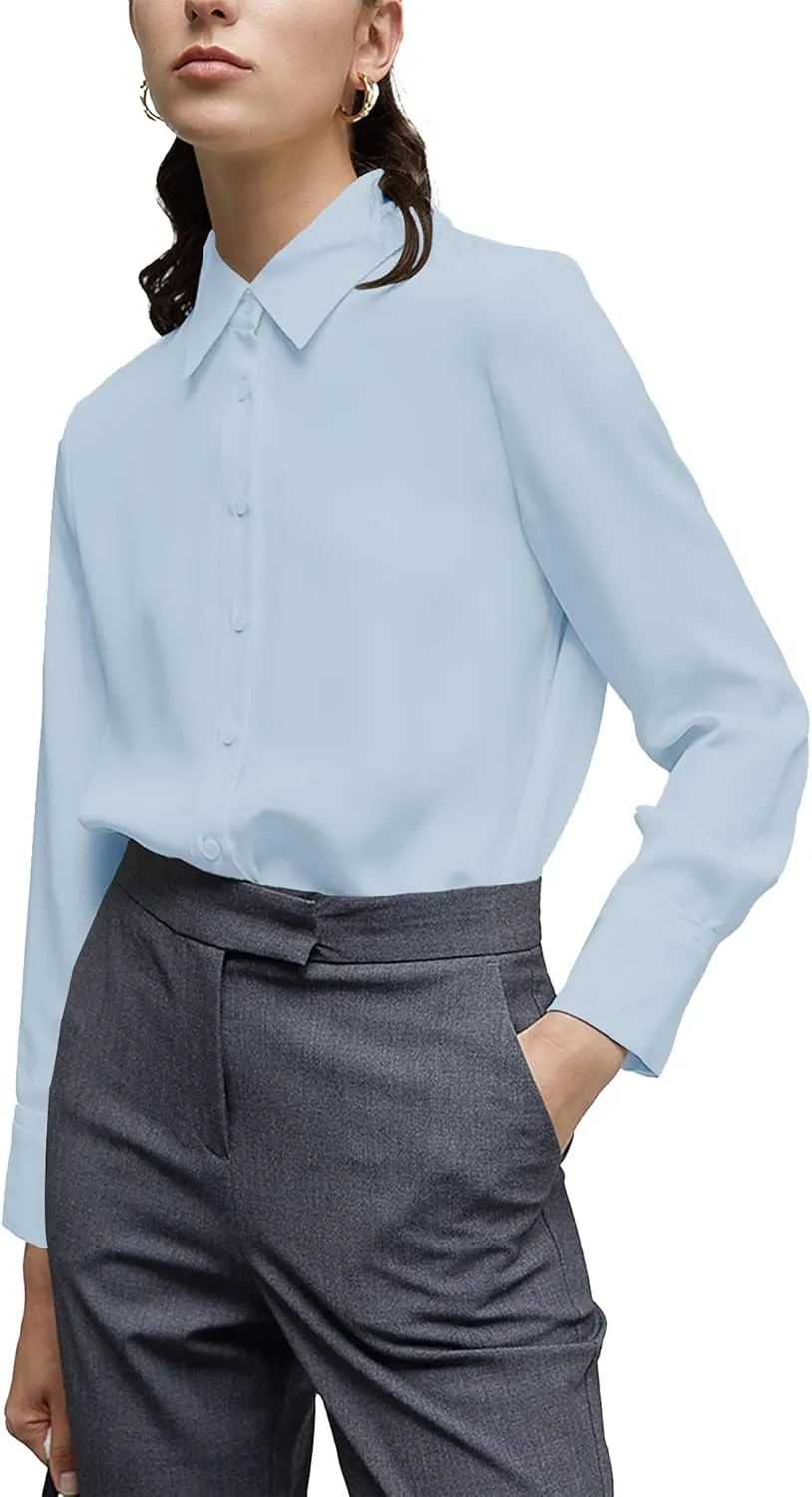 YAMANMAN Women's Button Down Shirt Classic Long Sleeve Collared Tops Work Office Chiffon Blouse