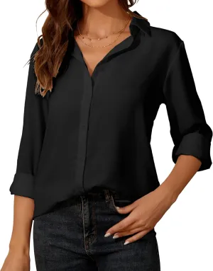 YAMANMAN Womens Button Down Shirt Long Sleeve Classic Collared Tops Work Office Casual Chiffon Blouse