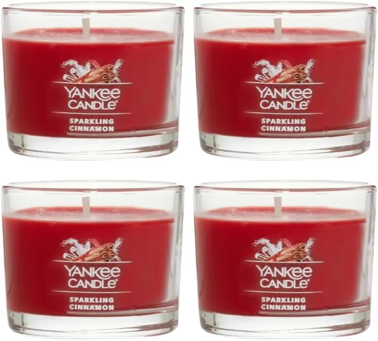 Yankee Candle Signature Votive Mini Candle Jar, Sparkling Cinnamon Scent, Natural Soy Wax Blend Candle with Natural Fiber Wick, 1.3 OZ Glass Jar (Pack of 4)