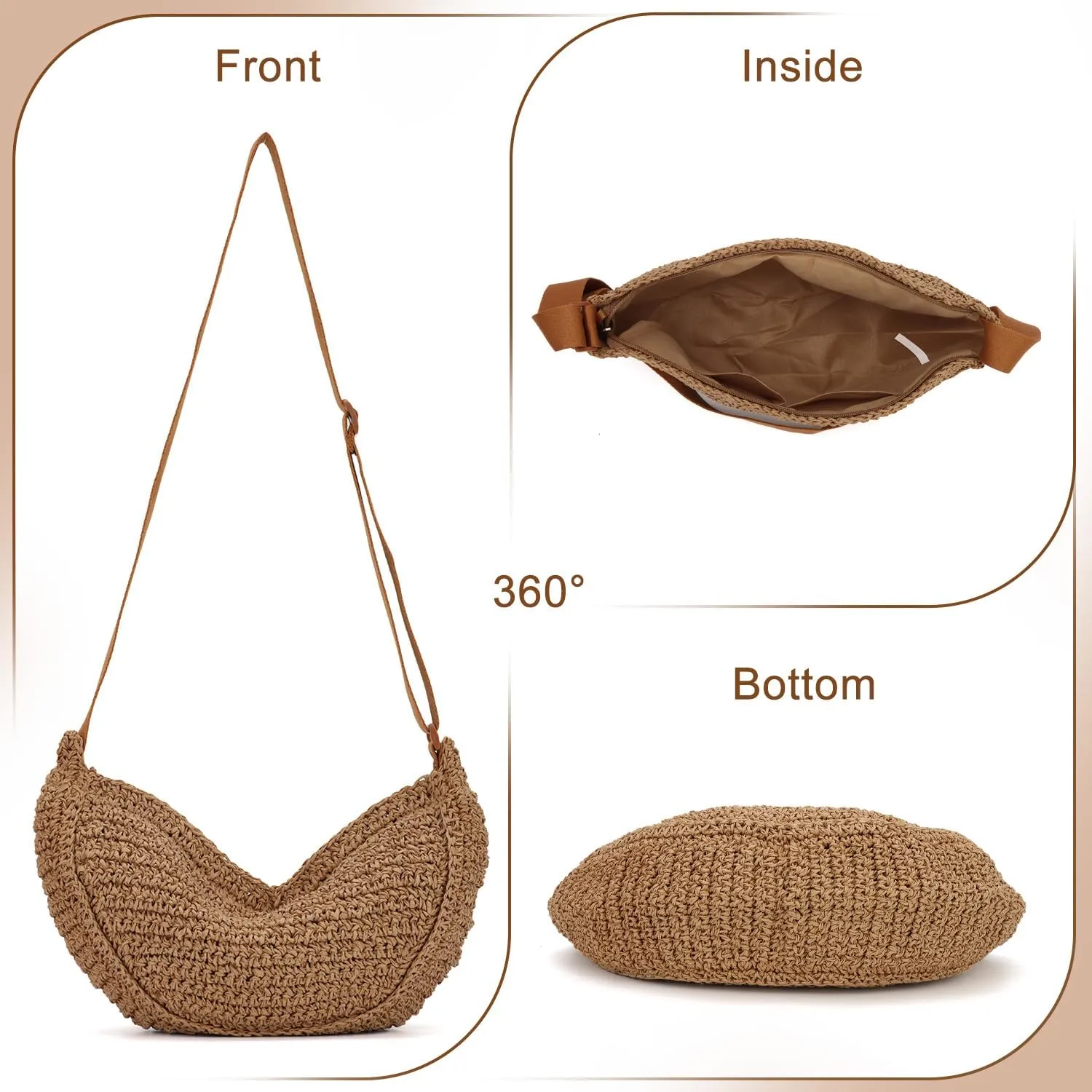 Ynport Straw Crossbody Bag for Women, Summer Beach Woven Purses Hobo Dumpling Bag Casual Shoulder Bag Crochet Purse