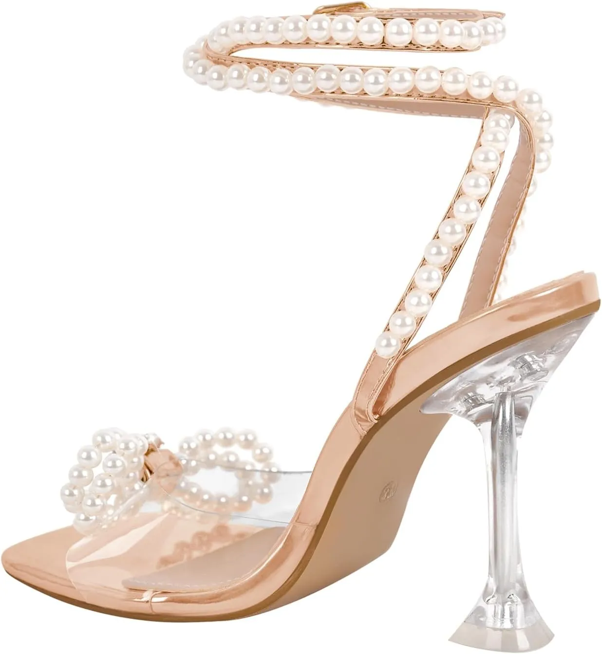 Yolkomo Women's Square Toe Clear Heels Sexy Rhinestone Bow Heels Open Toe Ankle Strap Stiletto High Heel Sandals