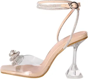 Yolkomo Women's Square Toe Clear Heels Sexy Rhinestone Bow Heels Open Toe Ankle Strap Stiletto High Heel Sandals