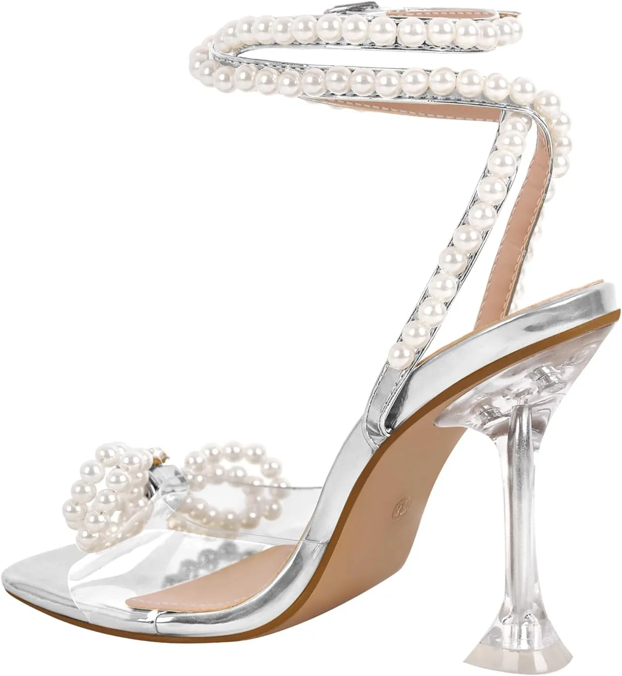 Yolkomo Women's Square Toe Clear Heels Sexy Rhinestone Bow Heels Open Toe Ankle Strap Stiletto High Heel Sandals