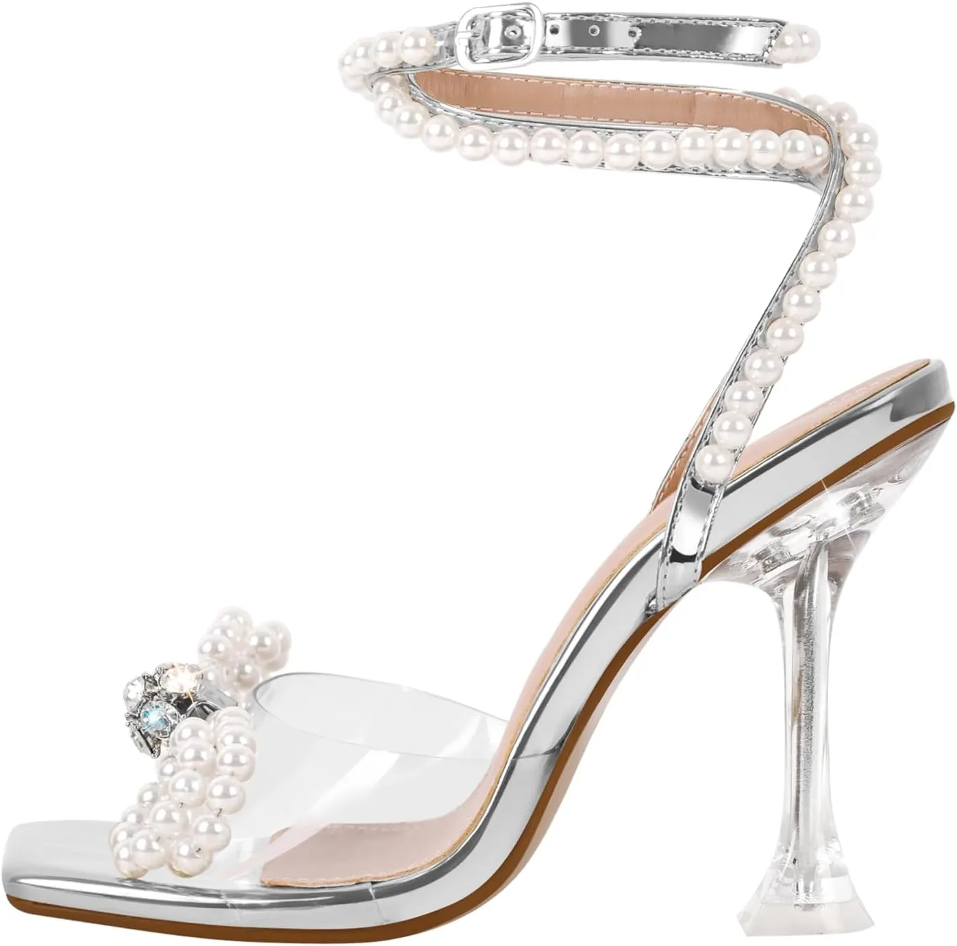 Yolkomo Women's Square Toe Clear Heels Sexy Rhinestone Bow Heels Open Toe Ankle Strap Stiletto High Heel Sandals